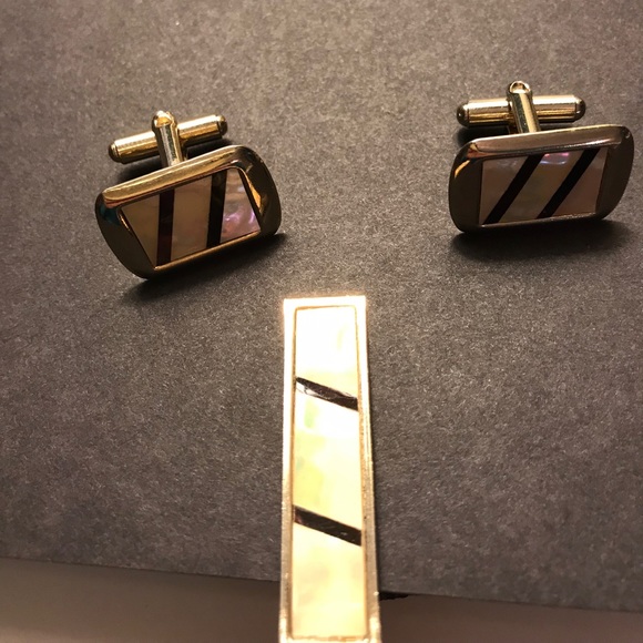 3 Piece Set Cuff Links & Tie Bar Tortoise Abalone Inlaid Shell Retro Vintage - Picture 2 of 6